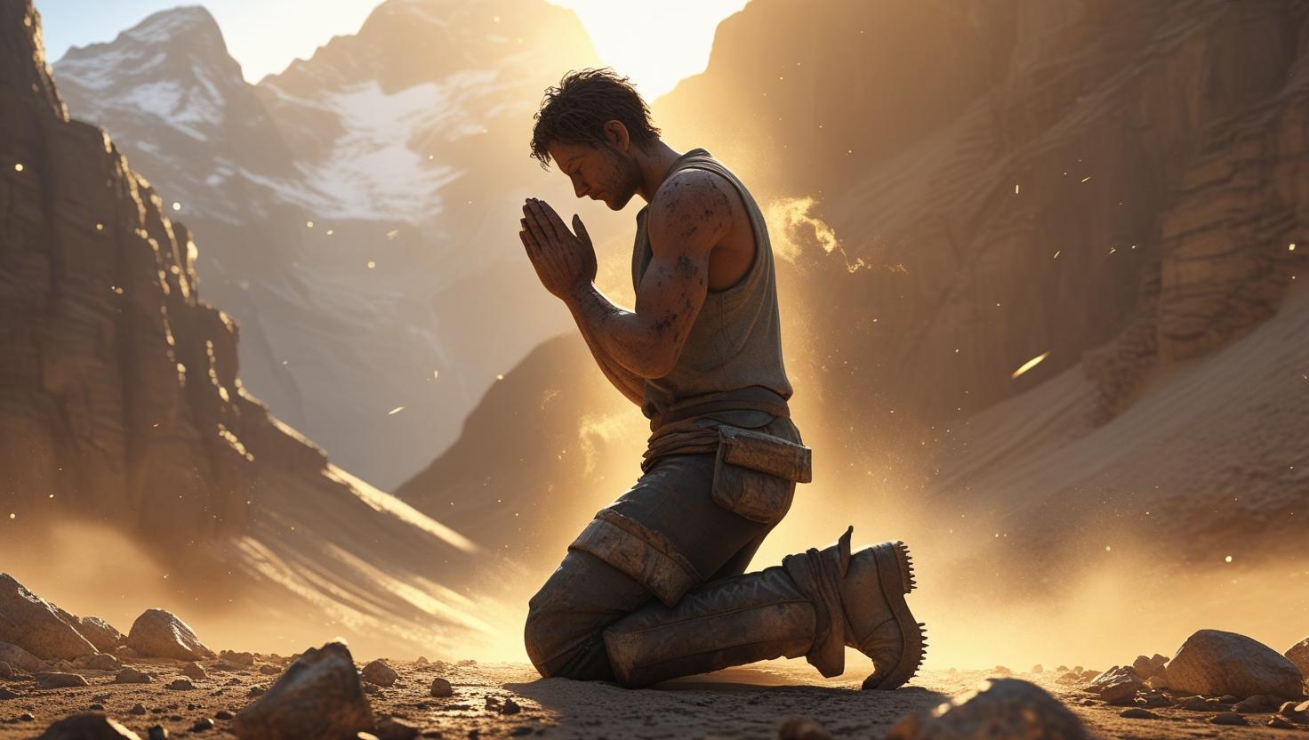 Person kneeling in prayer with dusty boots on a mountain path