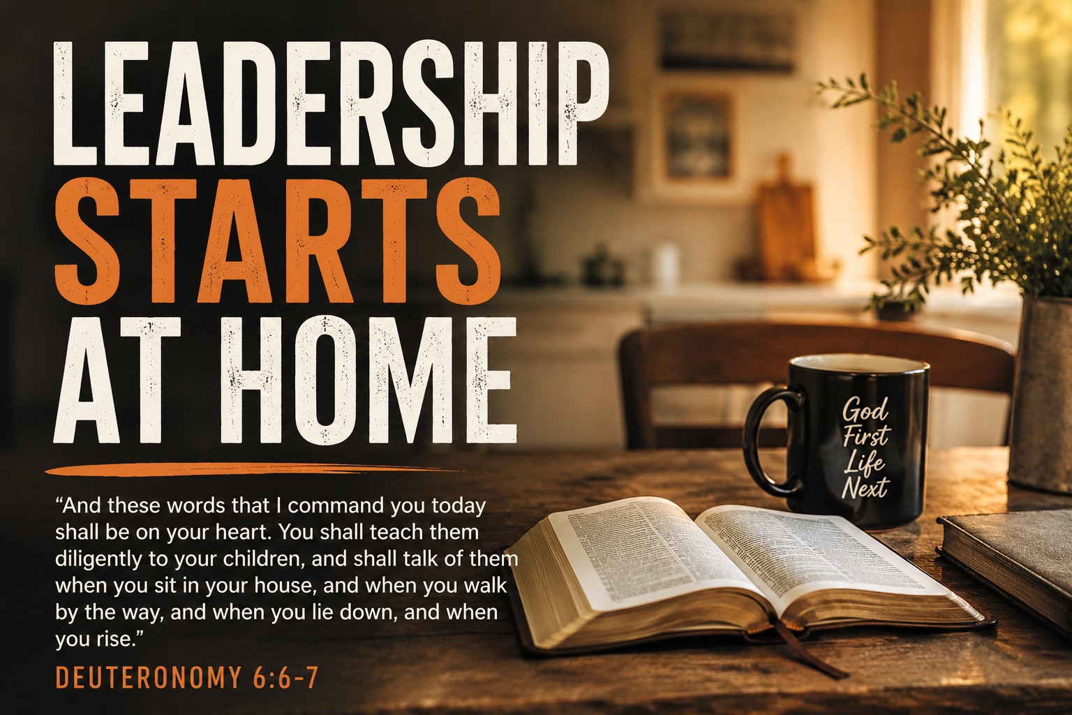 Open Bible with the title "Leadership Starts at Home" and Deuteronomy 6:6–7.