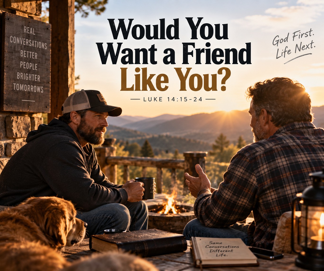 Two friends talking about faith at sunset