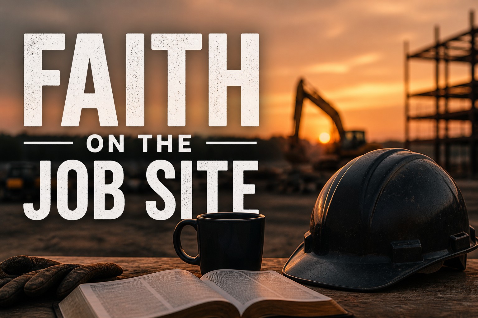 Faith on the Job Site with hard hat, Bible, and sunrise