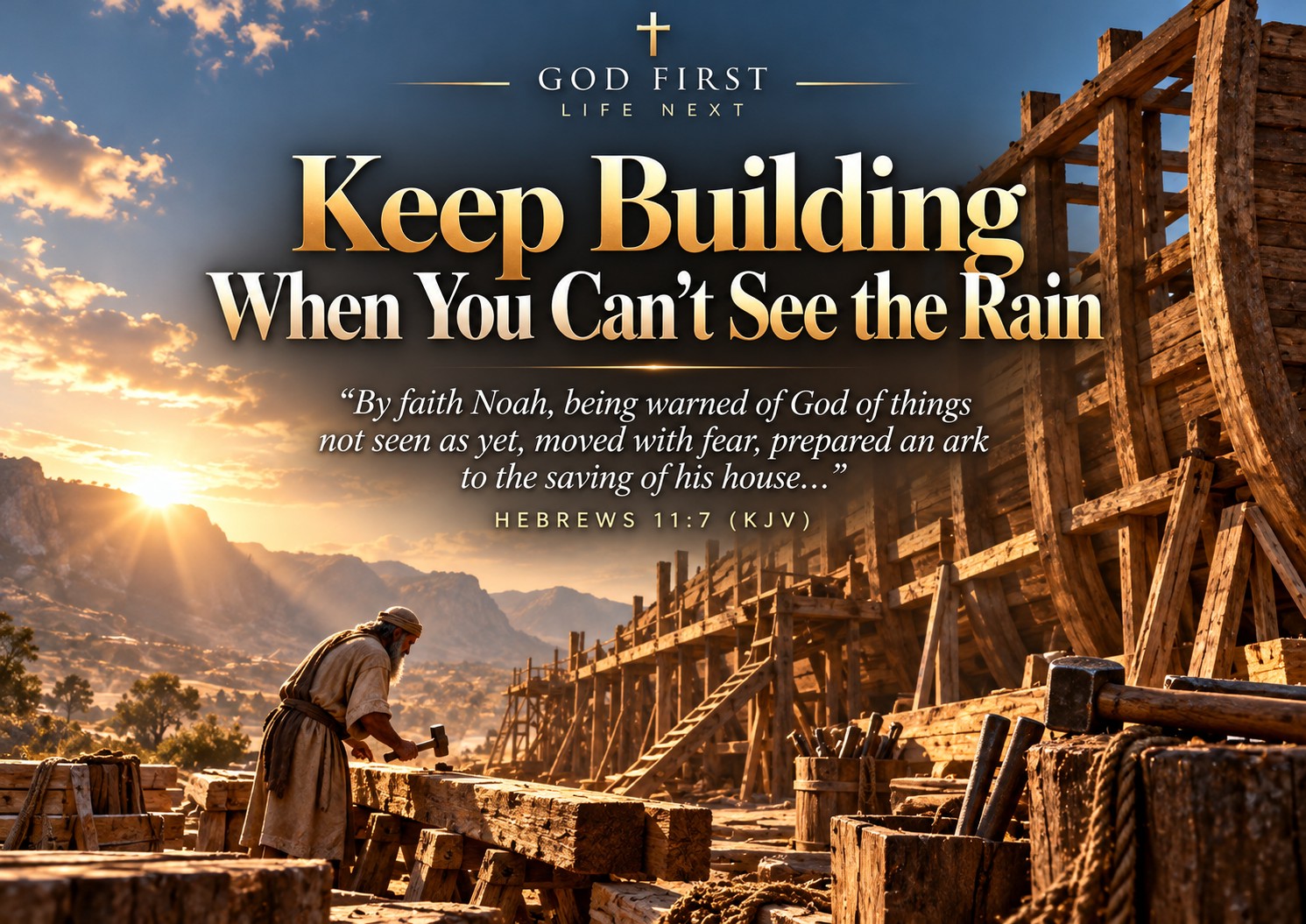 Noah building the ark by faith under a clear sky