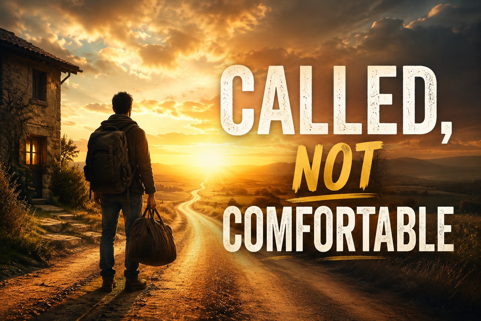 Person standing at the start of a road toward a golden horizon, symbolizing faith and obedience.
