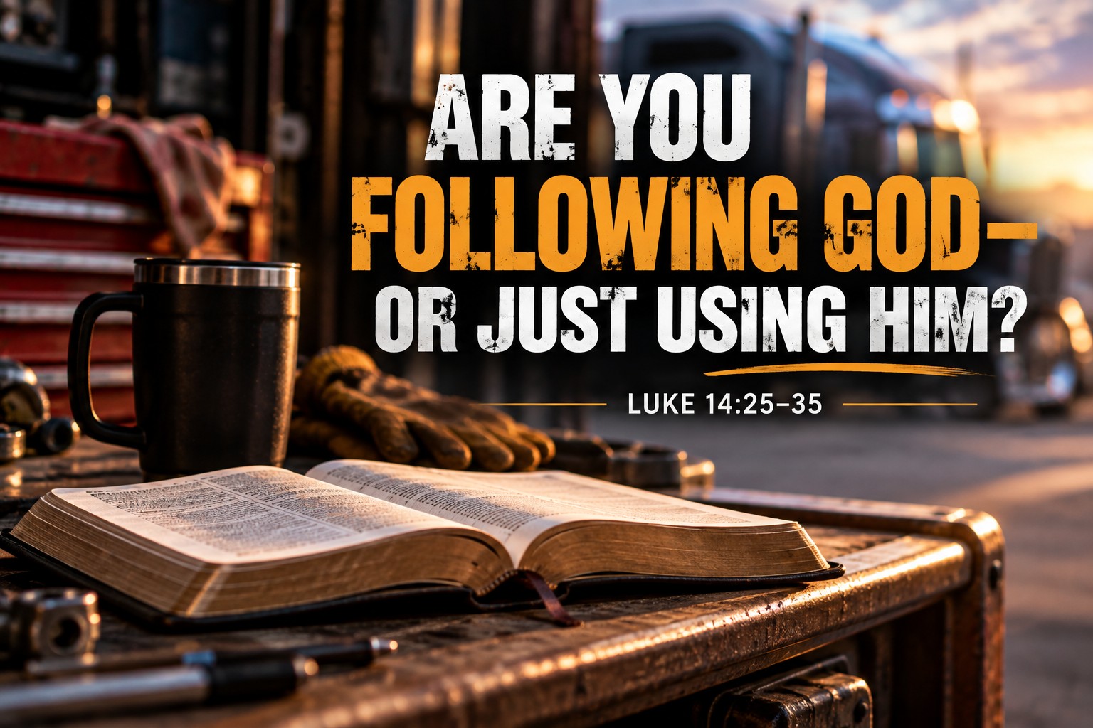 Open Bible and coffee in a rugged workshop