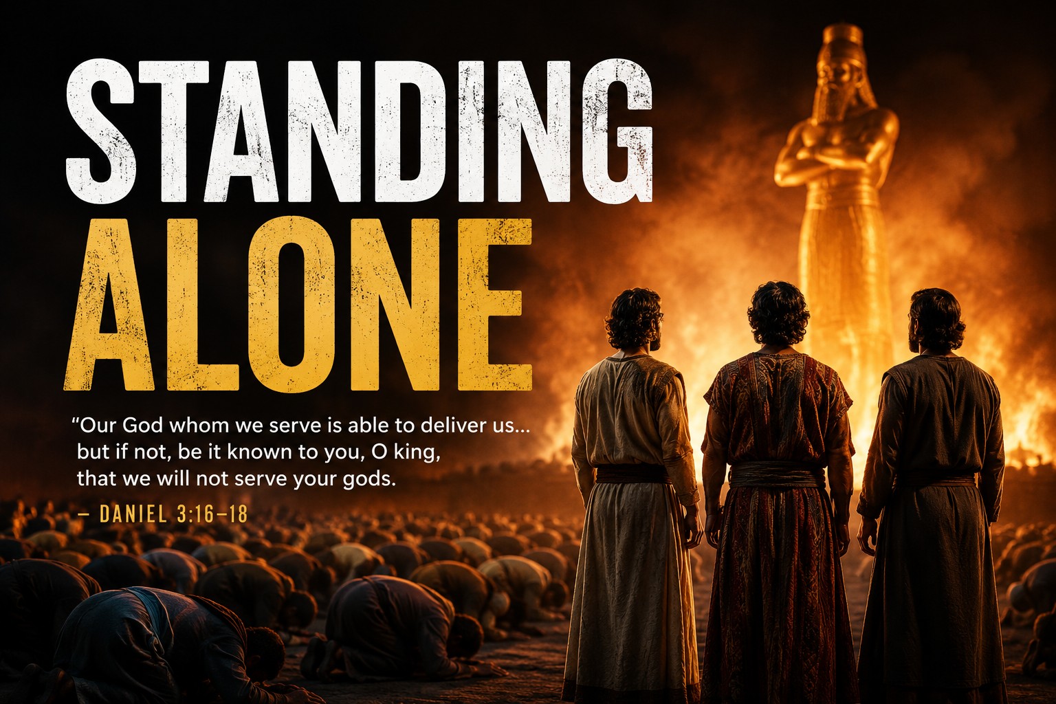 Standing Alone Three men stand before a fiery furnace while others bow to a golden statue in Daniel 3.