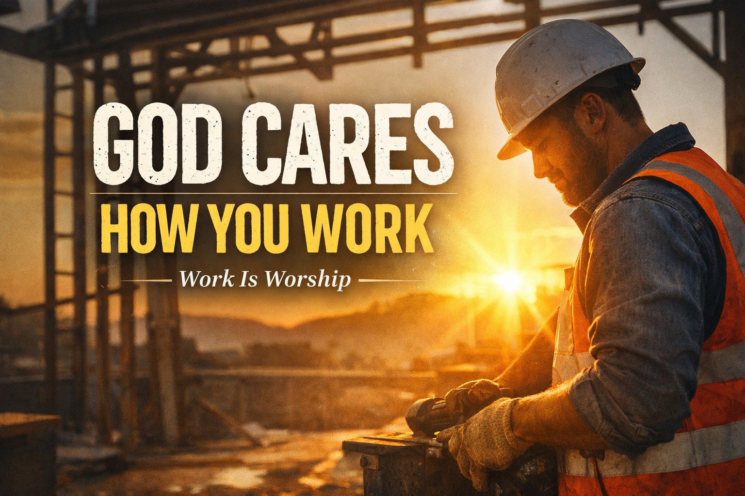 Construction worker at sunrise symbolizing faith and integrity at work