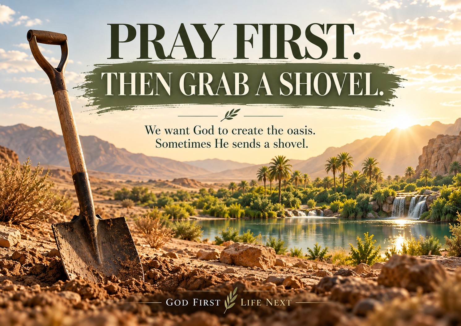 Shovel in the desert overlooking a lush oasis, symbolizing prayer and action.