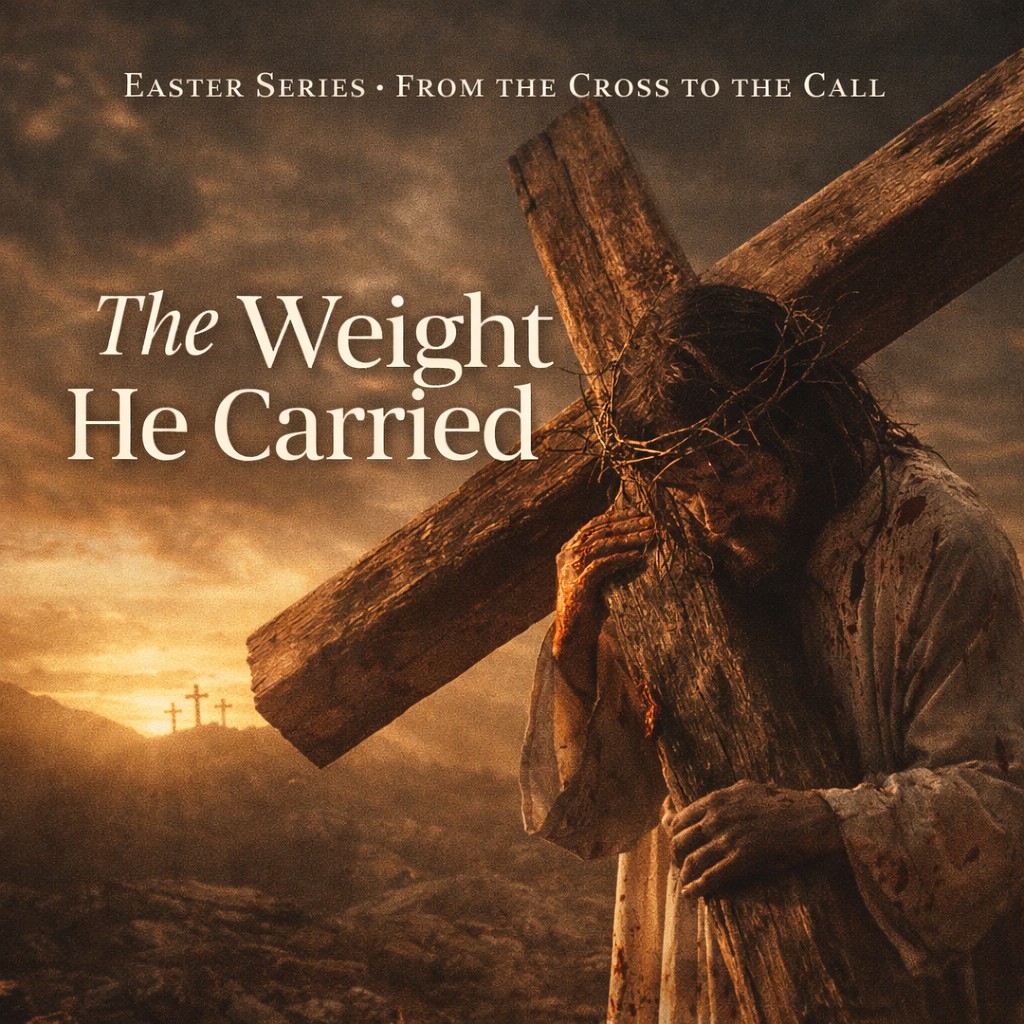 Jesus carrying the cross symbolizing the weight He carried for our sin. The Weight He Carried – Isaiah 53:6