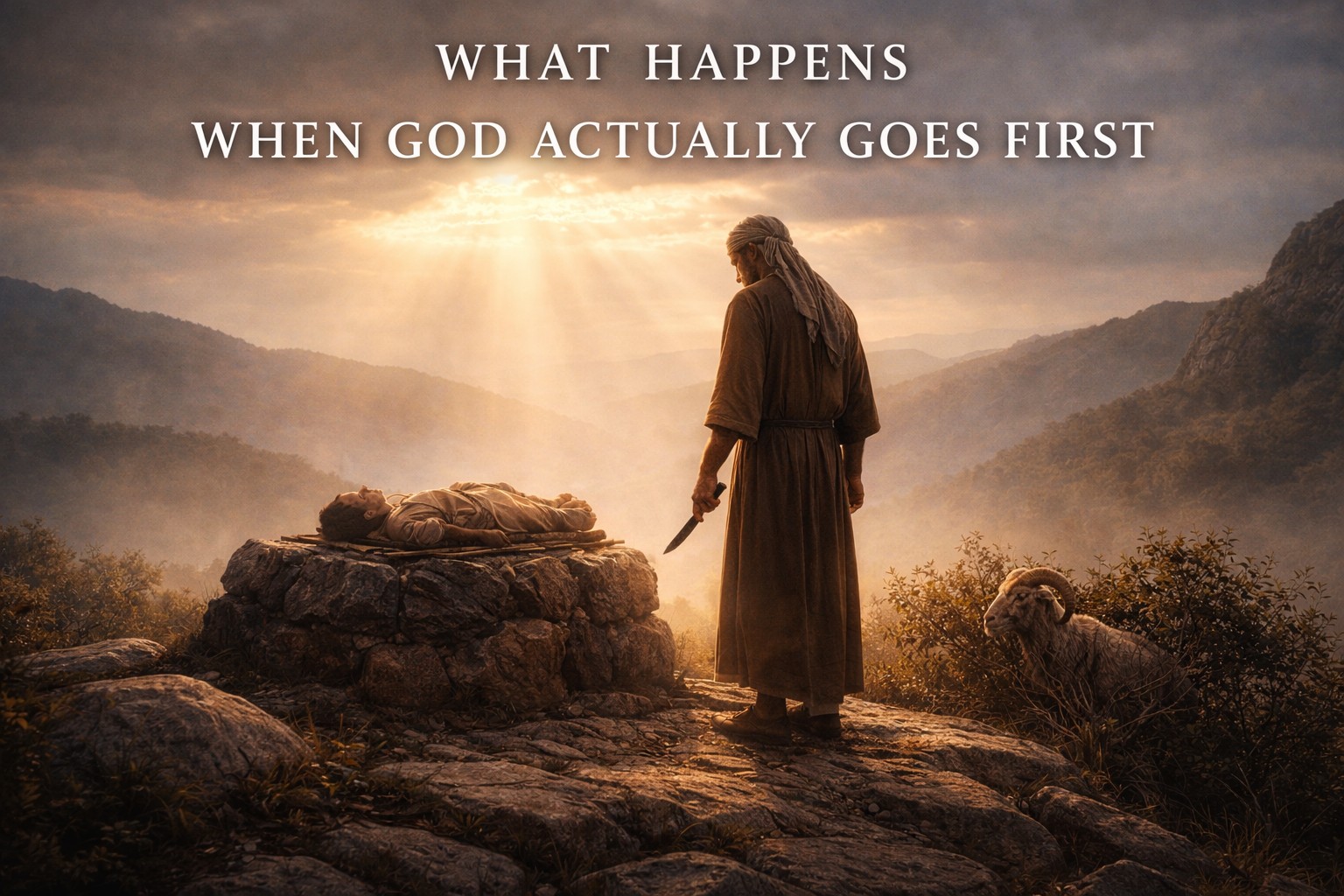 Abraham at the altar at dawn, symbolizing surrender and putting God first.