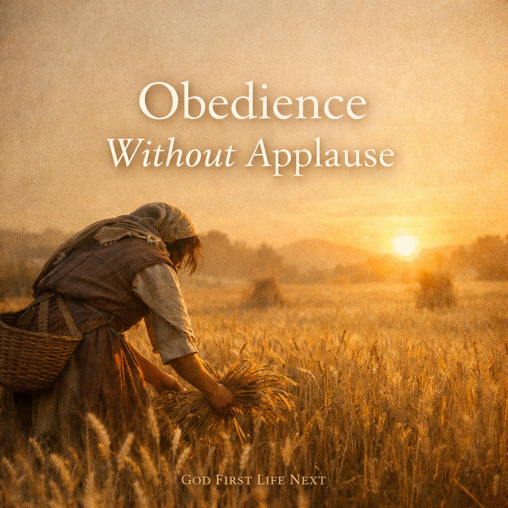 Woman working in a harvest field representing obedience without applause inspired by Ruth 2:12.