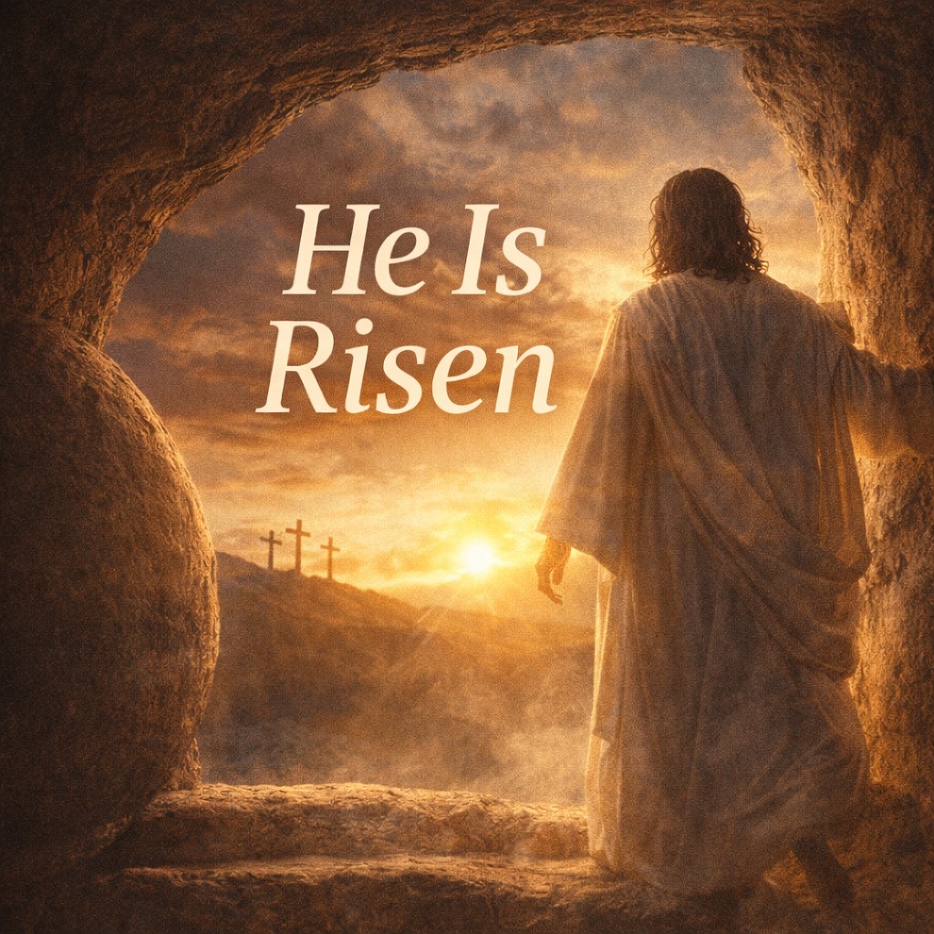 He Is Risen – Easter Sunday Devotional Jesus standing at the empty tomb at sunrise declaring He is risen.