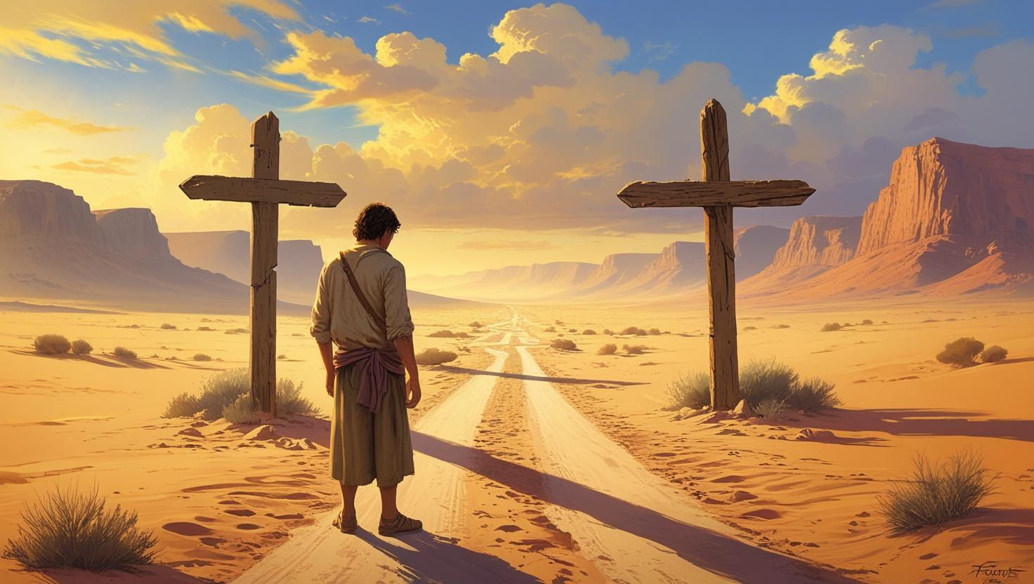 Traveler at a crossroads under a golden sky, symbolizing God’s timing.
