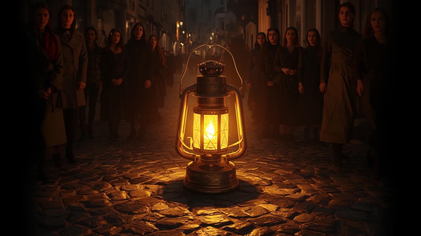 Lantern glowing on a dark street, people watching, symbolizing one life shining for Christ.