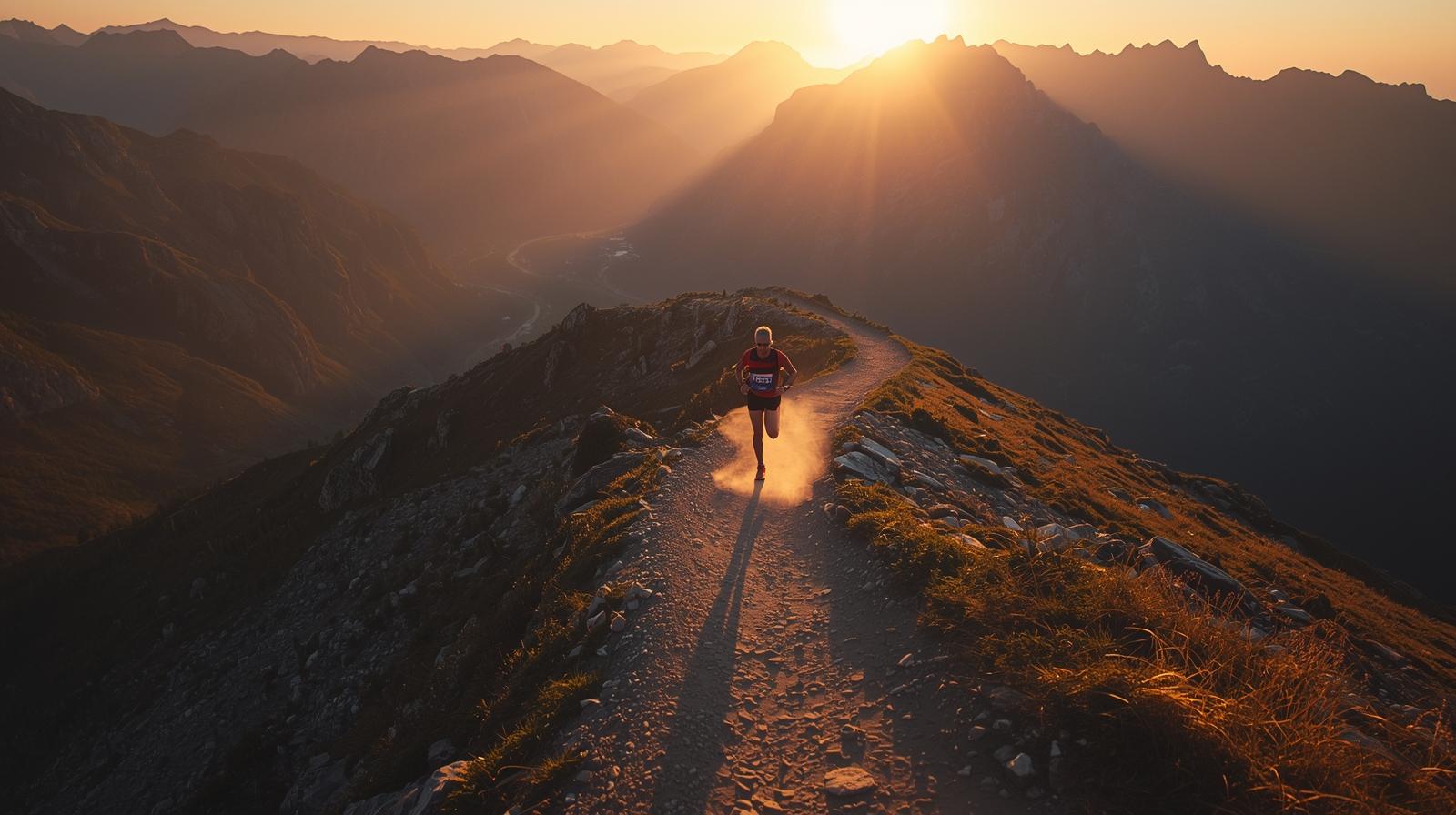 Runner on a mountain trail at sunrise, symbolizing faith and perseverance.
