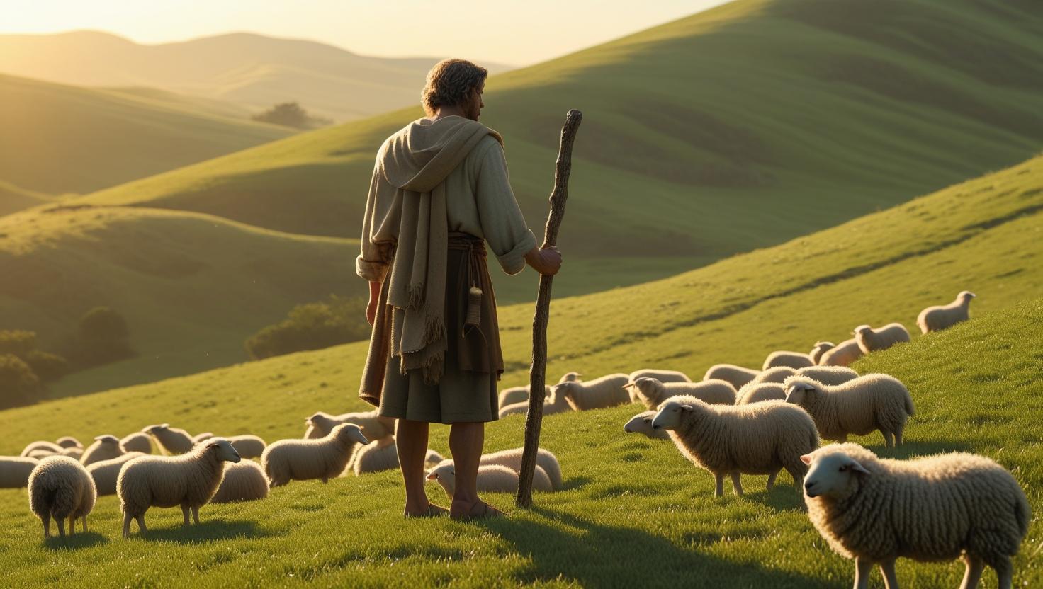 Shepherd with flock at sunrise, symbolizing humble leadership.