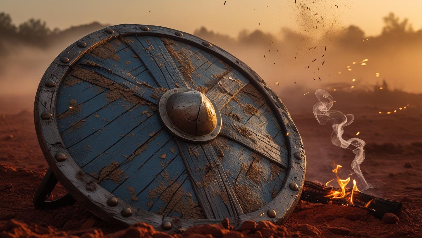 Battle-worn shield at sunrise.