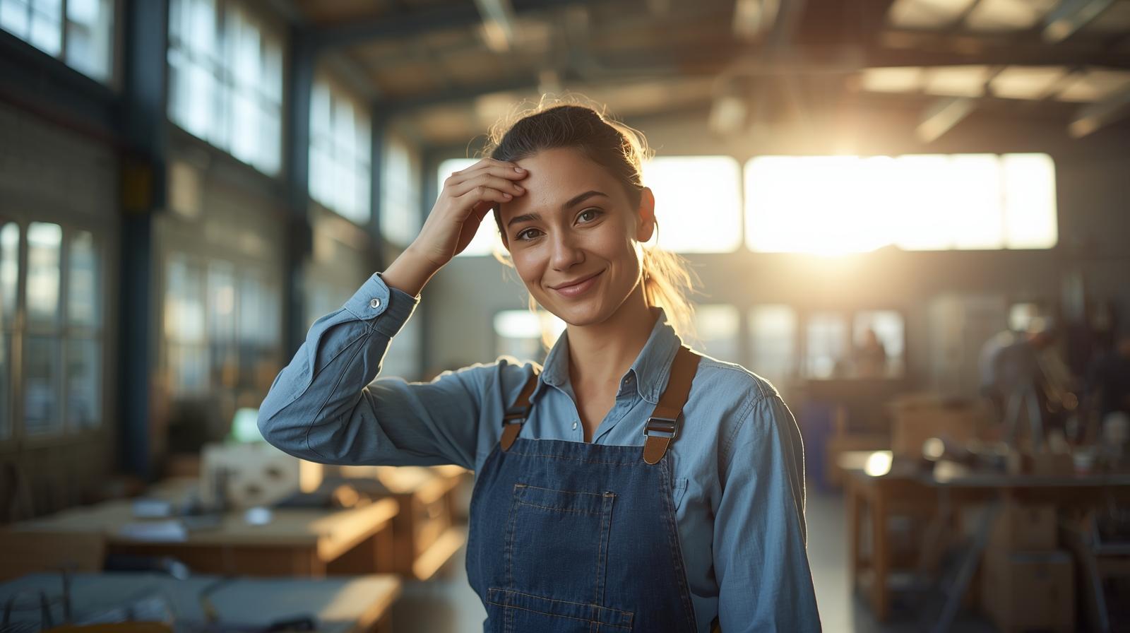 Worker wiping sweat, sunlight streaming in, symbolizing faith and perseverance.