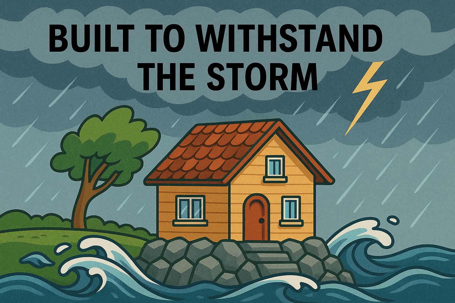 Cartoon-style Christian art of a house on a rock during a storm, symbolizing strong faith from Matthew 7:24–25.