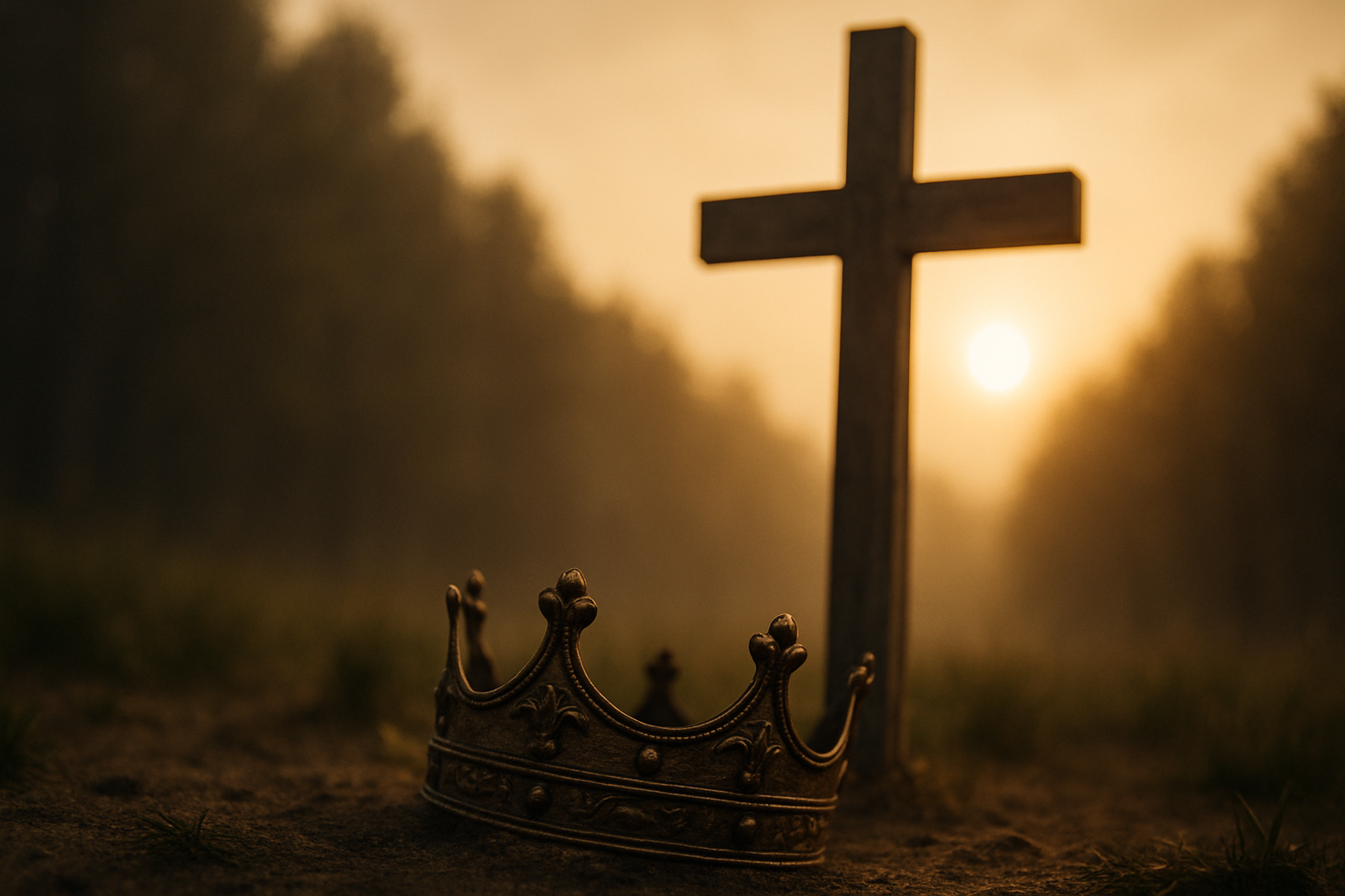 Crown and cross in a sunrise field, symbolizing surrendered leadership.