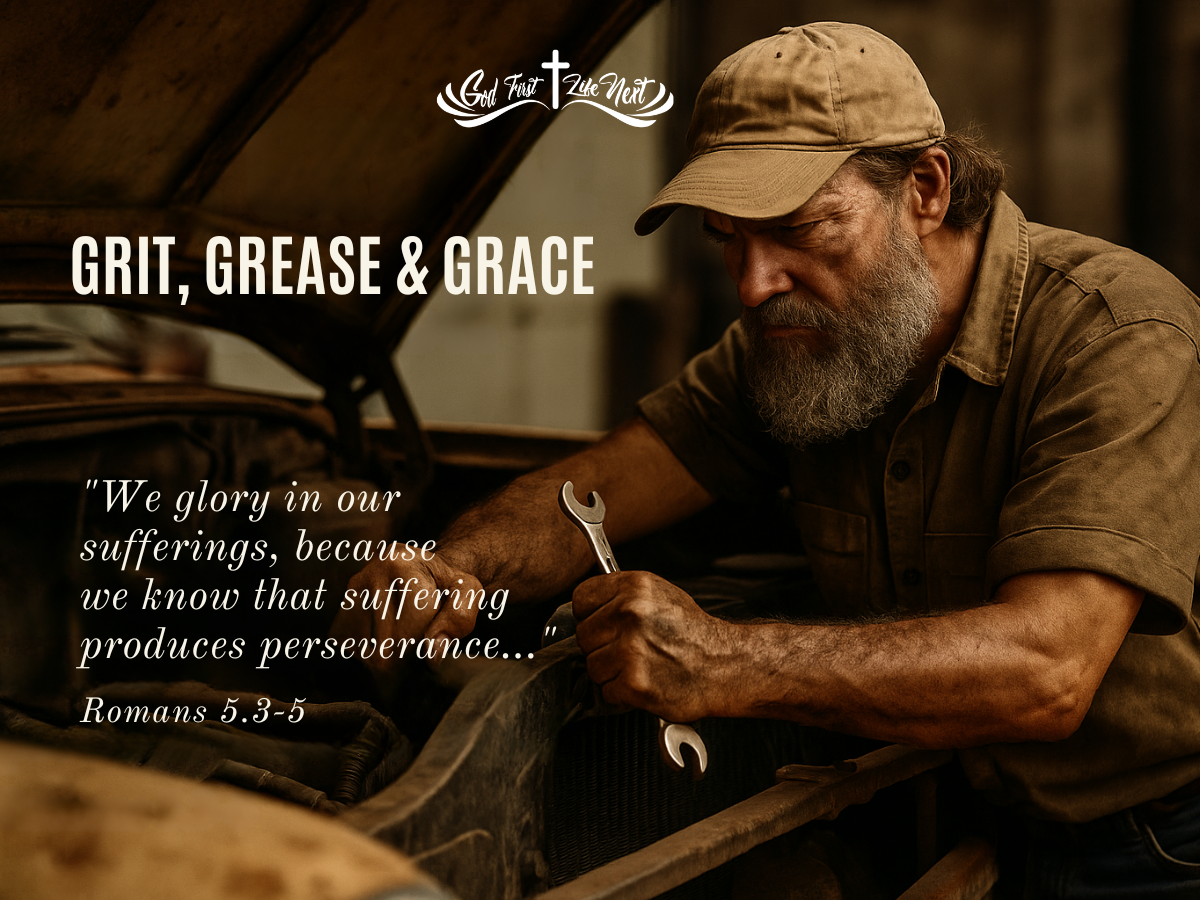 Greasy hands gripping a wrench under warm light, symbolizing faith and perseverance.