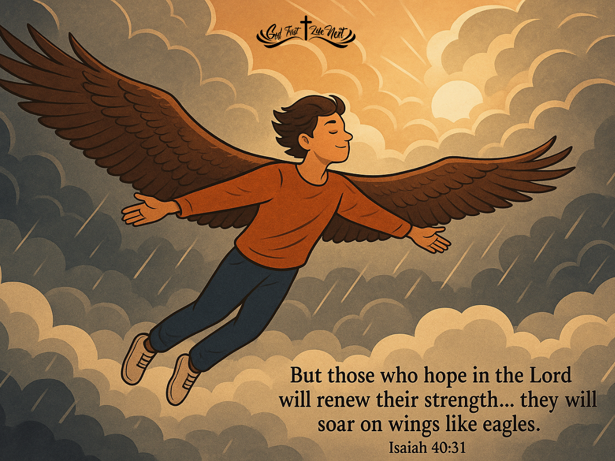 Flying on Faith Person with eagle wings flying above clouds, symbolizing faith and strength.