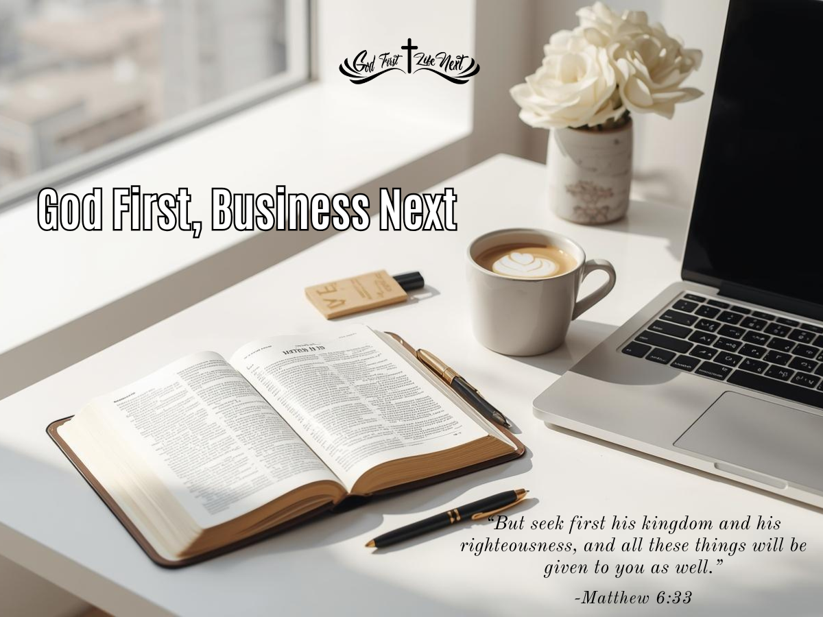 Bible open to Matthew 6:33 on a modern workspace.