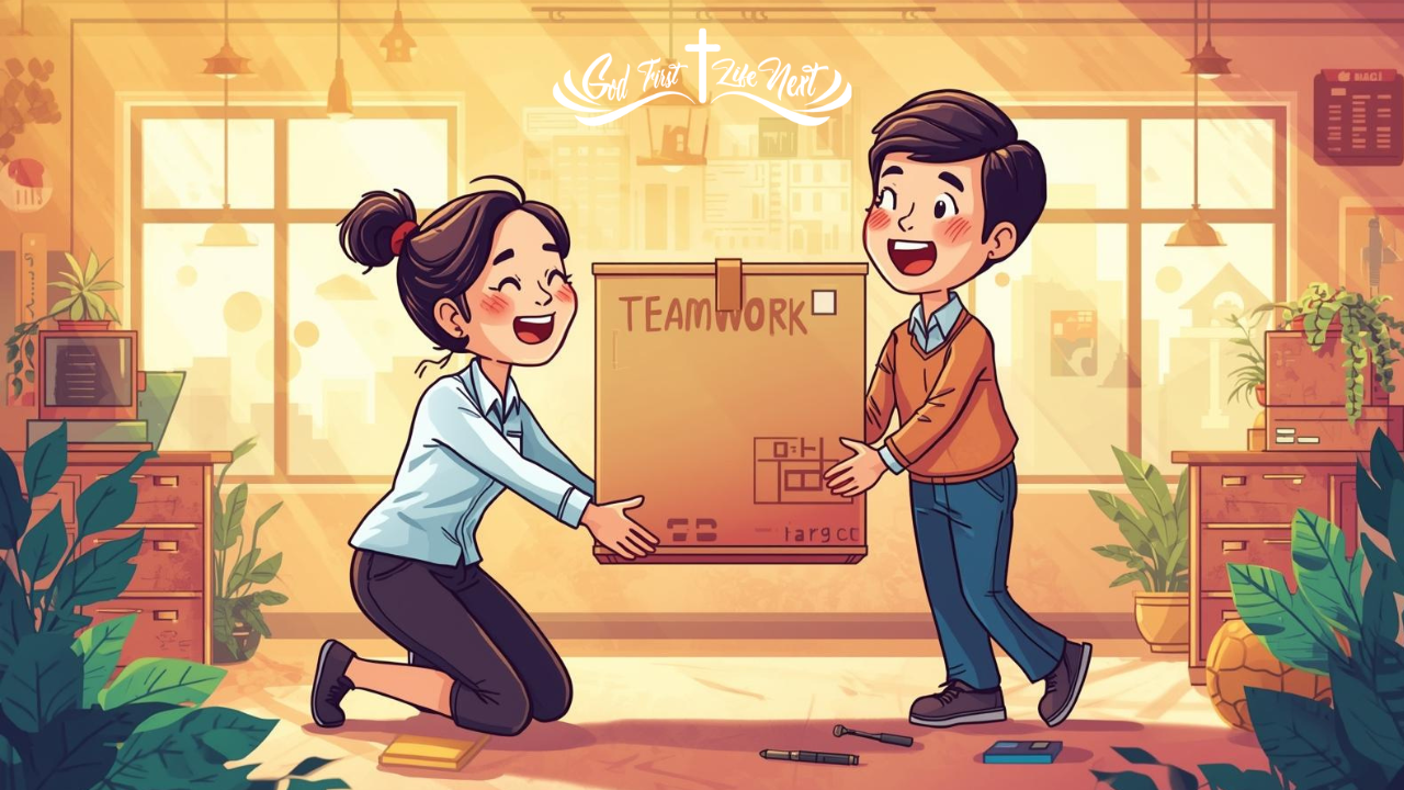 Cartoon leader helping a team member lift a box, symbolizing servant leadership.