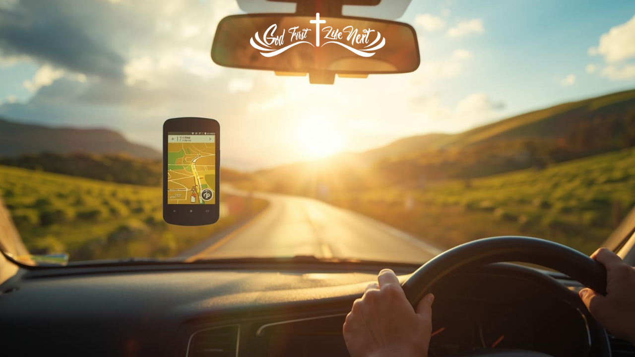Driver following GPS on a sunlit road, symbolizing trust in God.