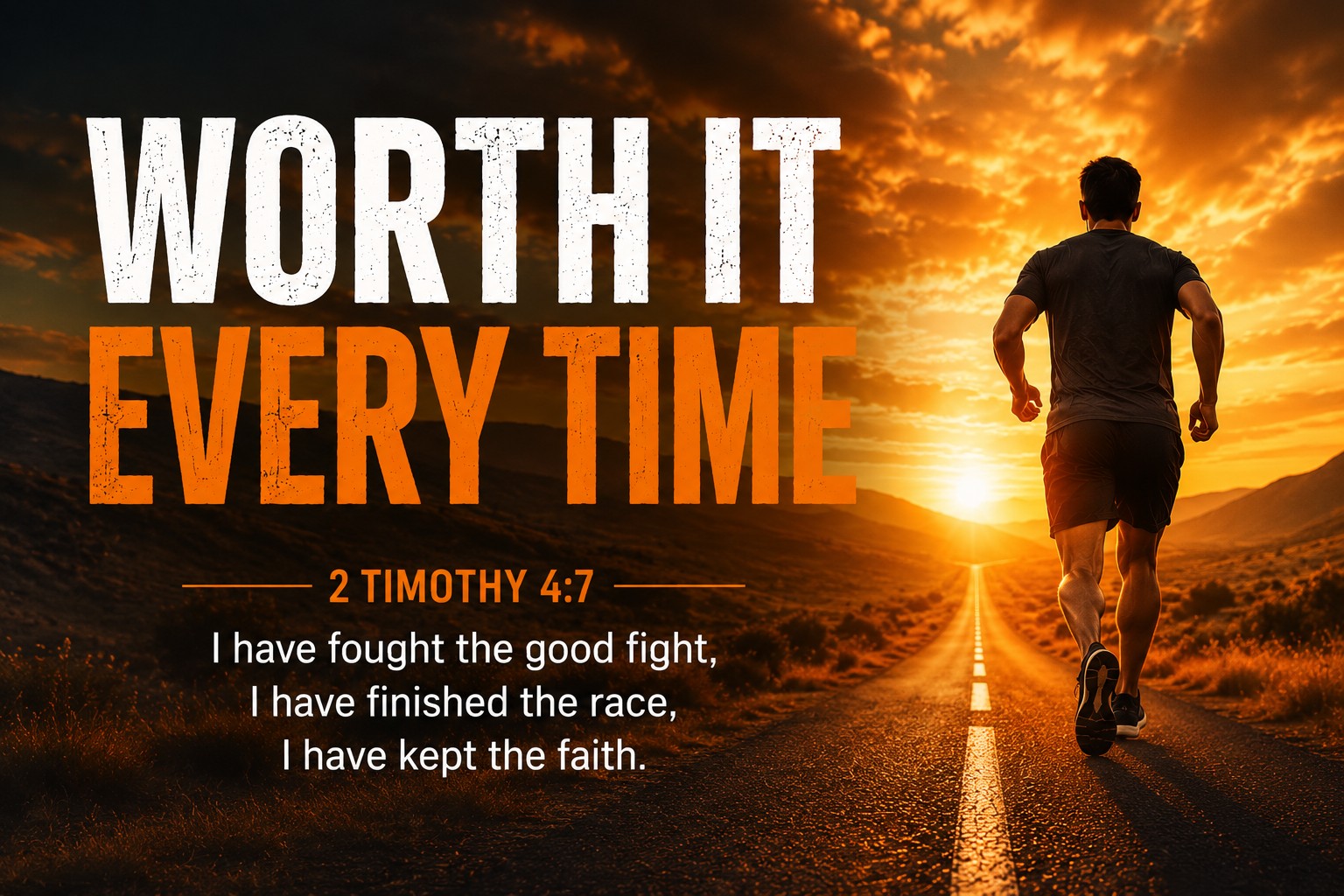 Runner at sunrise with 2 Timothy 4:7 about finishing the race.