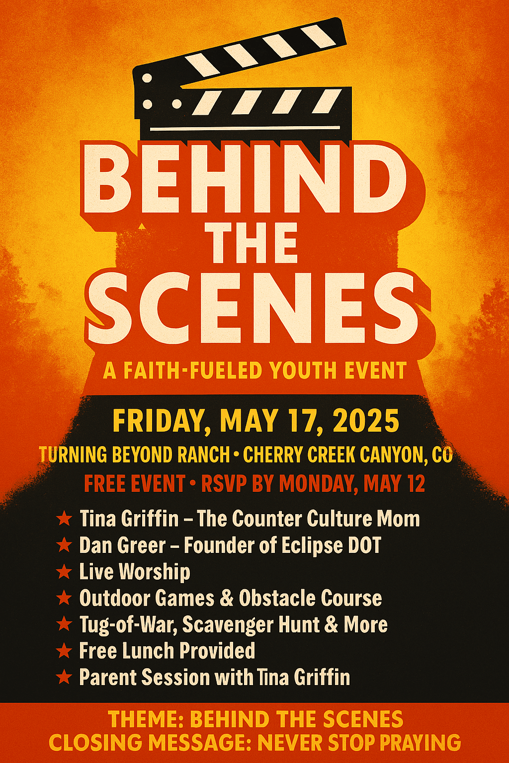 Promotional flyer for 'Behind The Scenes' youth event, featuring guest speaker Tina Griffin, event highlights like live worship and outdoor games, and event details including date (May 17, 2025) and free admission.
