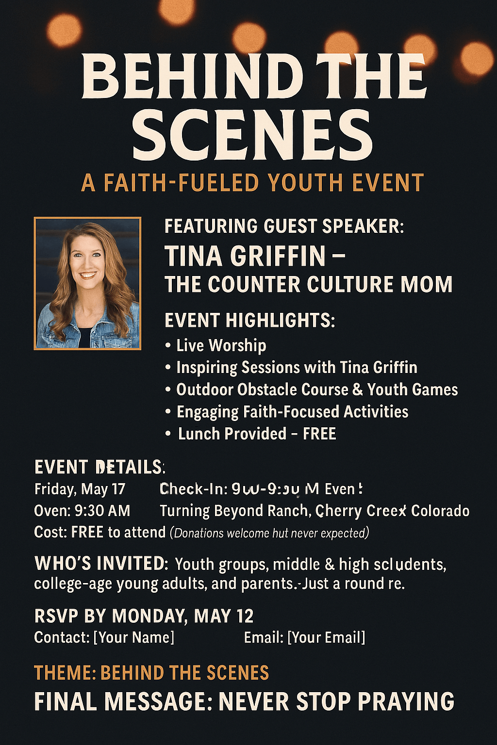 Youth event flyer titled 'Behind The Scenes,' posing the question 'You've seen the highlight reels... but what about the moments no one sees?' with a description of the event's purpose and key features