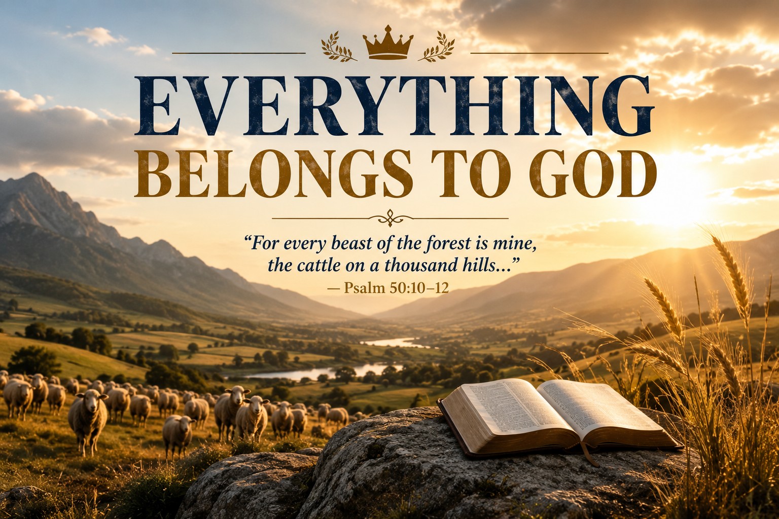 Sunrise over hills and sheep with the title Everything Belongs to God (Psalm 50:10-12).