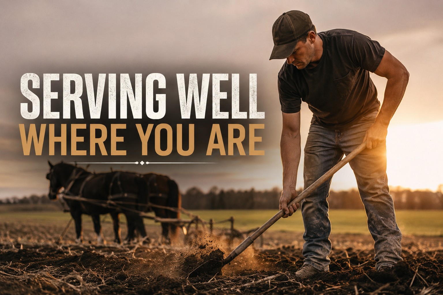 Man working in a field at sunset with Serving Well Where You Are title